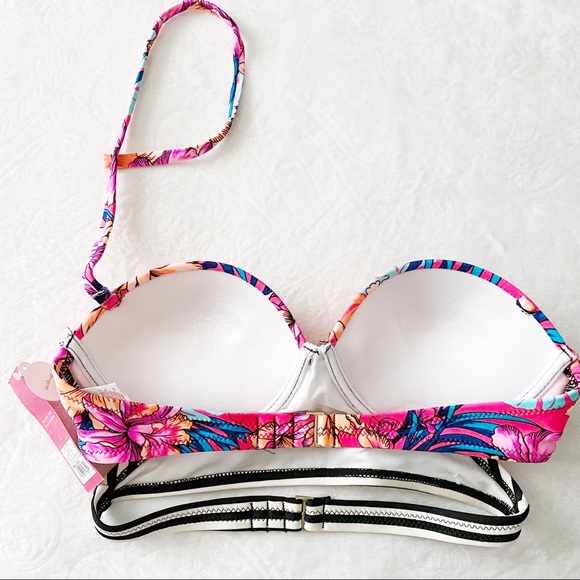 NWT Push Up Cut Out Tropical Floral Print and Stripes Bikini Top - Picture 4 of 8